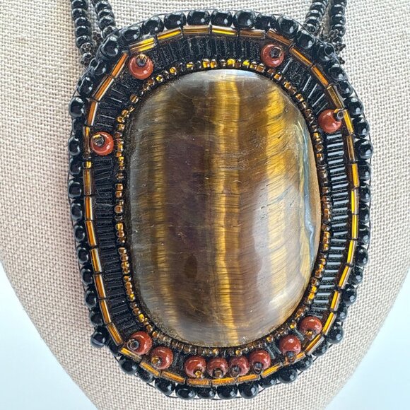 Natural Tiger's Eye Beaded Black & Brown Stone Macrame Necklace Size 17" Length - Picture 4 of 11